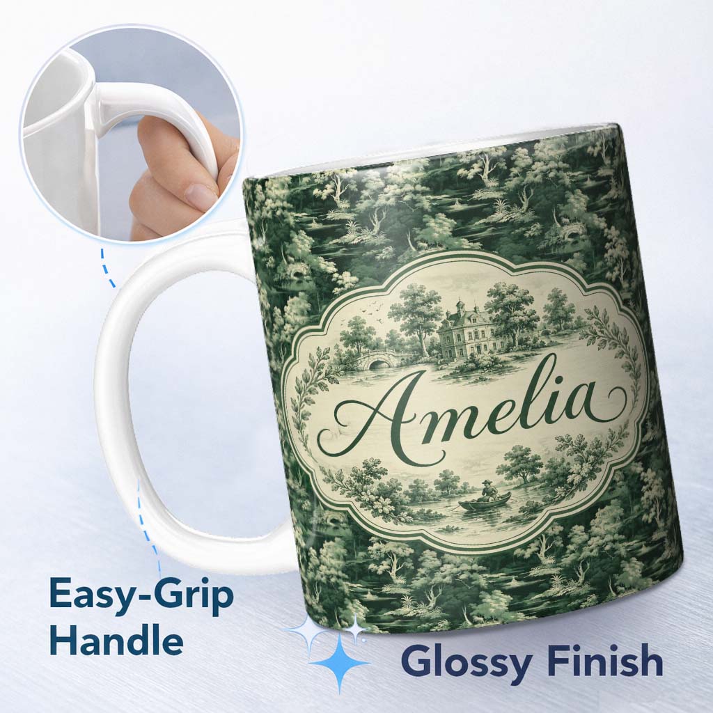 Personalized Custom Name Mystical Woodland River Bridge Scenic Toile Nature Seamless Pattern 11oz Ceramic Coffee Tea Mug White Large Handle