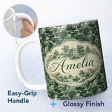 Personalized Custom Name Mystical Woodland River Bridge Scenic Toile Nature Seamless Pattern 11oz Ceramic Coffee Tea Mug White Large Handle