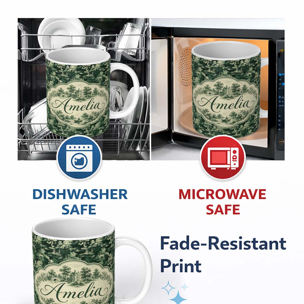 Personalized Custom Name Mystical Woodland River Bridge Scenic Toile Nature Seamless Pattern 11oz Ceramic Coffee Tea Mug White Large Handle