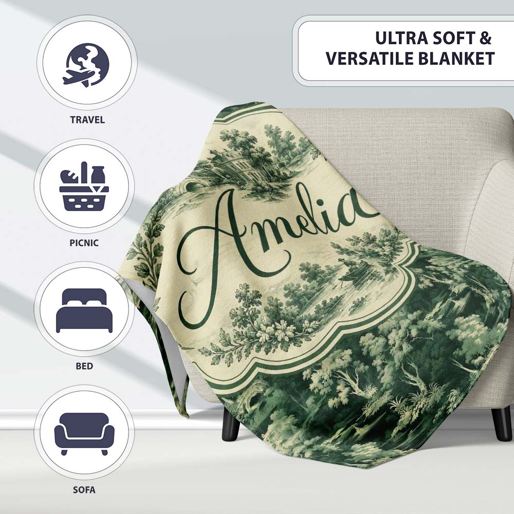 Mystical Woodland River Bridge Scenic Toile Nature Seamless Pattern  Personalised Custom Name Super Soft Fleece Blanket Bed Sofa Throw