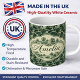 Personalized Custom Name Mystical Woodland River Bridge Scenic Toile Nature Seamless Pattern 11oz Ceramic Coffee Tea Mug White Large Handle