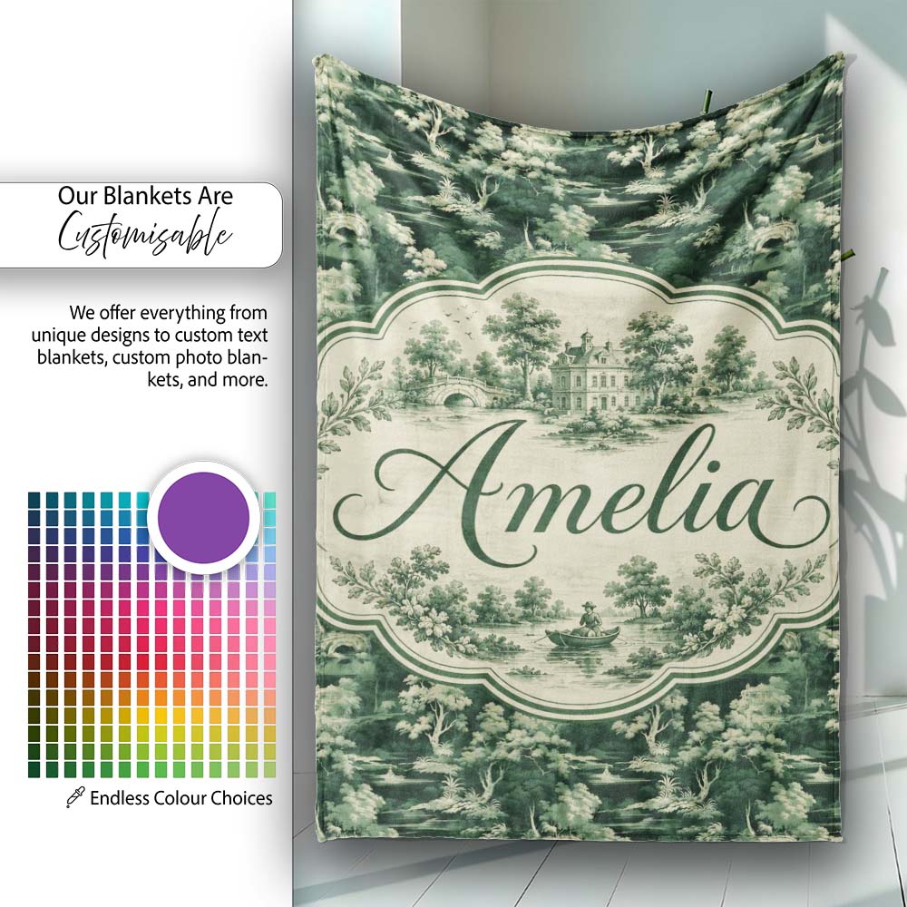 Mystical Woodland River Bridge Scenic Toile Nature Seamless Pattern  Personalised Custom Name Super Soft Fleece Blanket Bed Sofa Throw