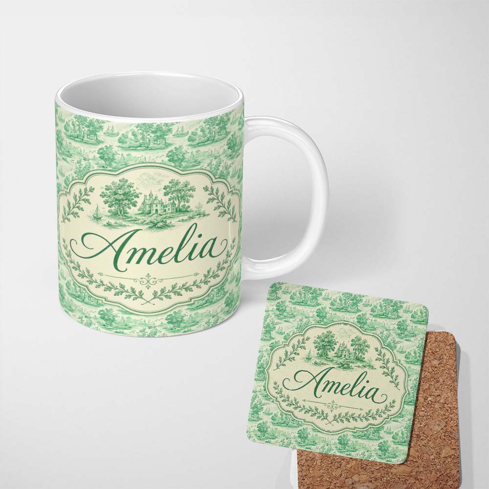 Personalized Custom Name Vintage Coastal Village Ships and Trees Scenic Toile Seamless 11oz Ceramic Coffee Tea Mug White Large Handle