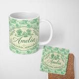 Personalized Custom Name Vintage Coastal Village Ships and Trees Scenic Toile Seamless 11oz Ceramic Coffee Tea Mug White Large Handle