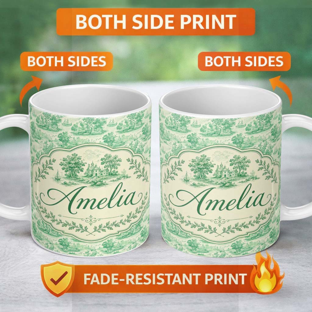 Personalized Custom Name Vintage Coastal Village Ships and Trees Scenic Toile Seamless 11oz Ceramic Coffee Tea Mug White Large Handle