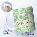 Personalized Custom Name Vintage Coastal Village Ships and Trees Scenic Toile Seamless 11oz Ceramic Coffee Tea Mug White Large Handle