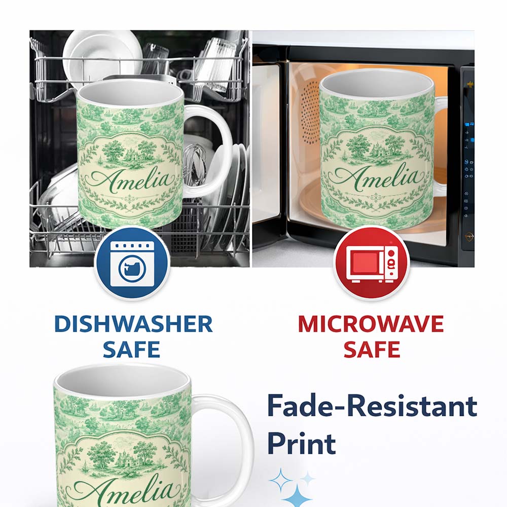 Personalized Custom Name Vintage Coastal Village Ships and Trees Scenic Toile Seamless 11oz Ceramic Coffee Tea Mug White Large Handle