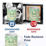 Personalized Custom Name Vintage Coastal Village Ships and Trees Scenic Toile Seamless 11oz Ceramic Coffee Tea Mug White Large Handle