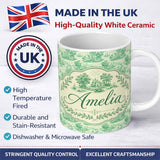 Personalized Custom Name Vintage Coastal Village Ships and Trees Scenic Toile Seamless 11oz Ceramic Coffee Tea Mug White Large Handle