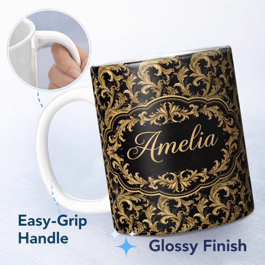 Personalized Custom Name Gold Black Baroque Scroll Seamless Pattern Elegant Royal Ornamental 11oz Ceramic Coffee Tea Mug White Large Handle