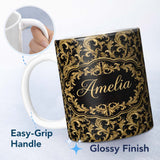 Personalized Custom Name Gold Black Baroque Scroll Seamless Pattern Elegant Royal Ornamental 11oz Ceramic Coffee Tea Mug White Large Handle