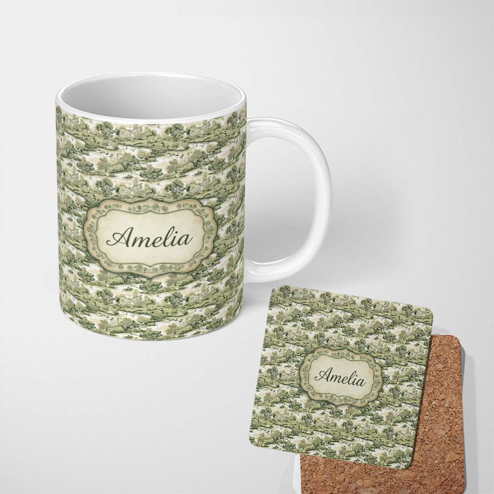 Personalized Custom Name Classic Beige Green Countryside River Village Toile Seamless 11oz Ceramic Coffee Tea Mug White Large Handle