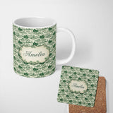 Personalized Custom Name Elegant Garden Estate with Statues Scenic Toile Seamless Pattern 11oz Ceramic Coffee Tea Mug White Large Handle