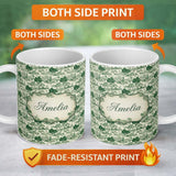 Personalized Custom Name Elegant Garden Estate with Statues Scenic Toile Seamless Pattern 11oz Ceramic Coffee Tea Mug White Large Handle