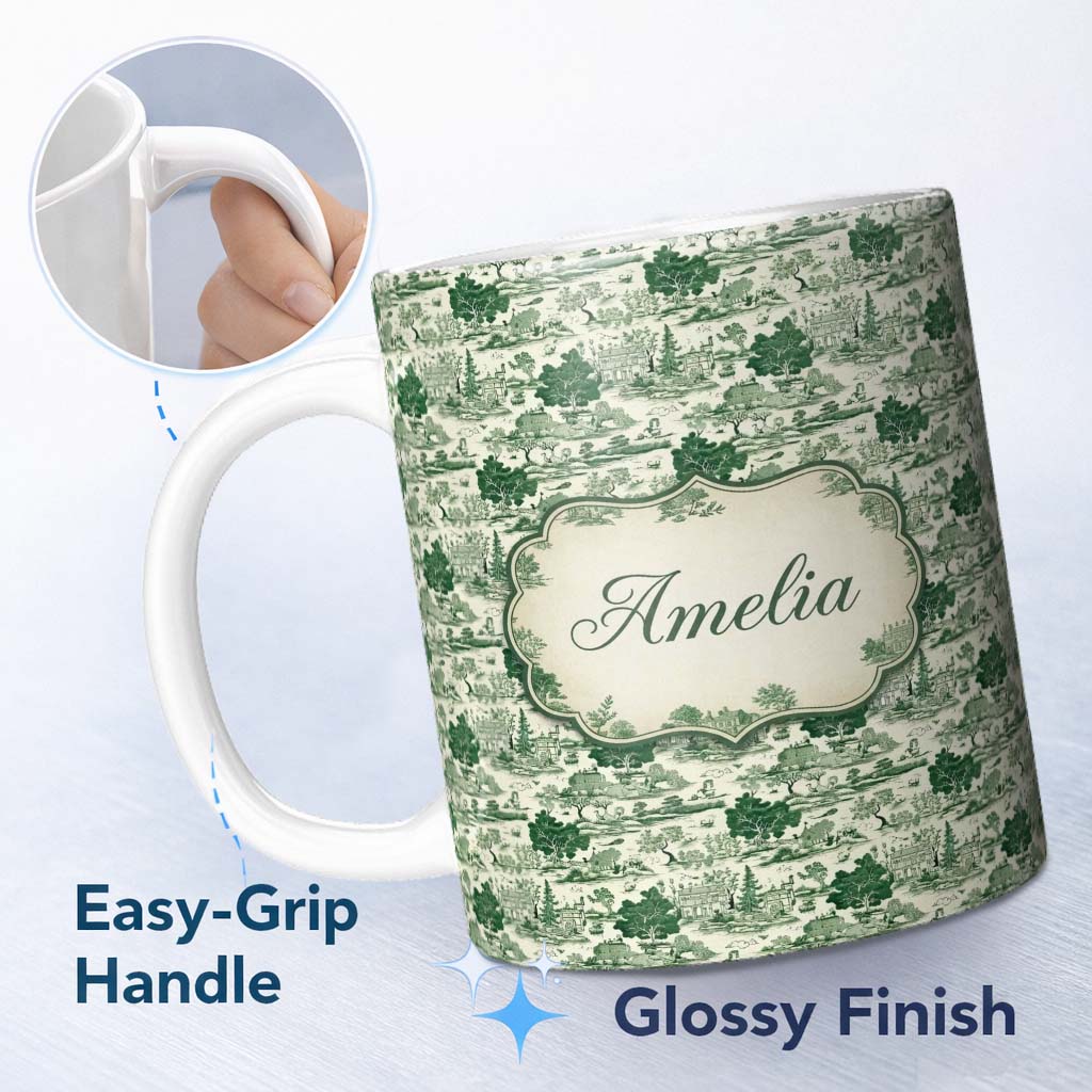 Personalized Custom Name Elegant Garden Estate with Statues Scenic Toile Seamless Pattern 11oz Ceramic Coffee Tea Mug White Large Handle