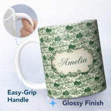 Personalized Custom Name Elegant Garden Estate with Statues Scenic Toile Seamless Pattern 11oz Ceramic Coffee Tea Mug White Large Handle