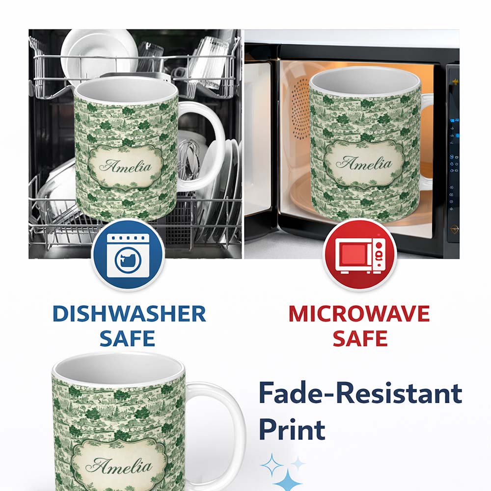 Personalized Custom Name Elegant Garden Estate with Statues Scenic Toile Seamless Pattern 11oz Ceramic Coffee Tea Mug White Large Handle