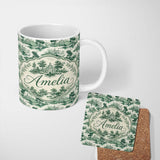 Personalized Custom Name Soft Green Countryside River Village Scenic Toile Seamless Pattern 11oz Ceramic Coffee Tea Mug White Large Handle