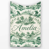 Soft Green Countryside River Village Scenic Toile Seamless Pattern  Personalised Custom Name Super Soft Fleece Blanket Bed Sofa Throw