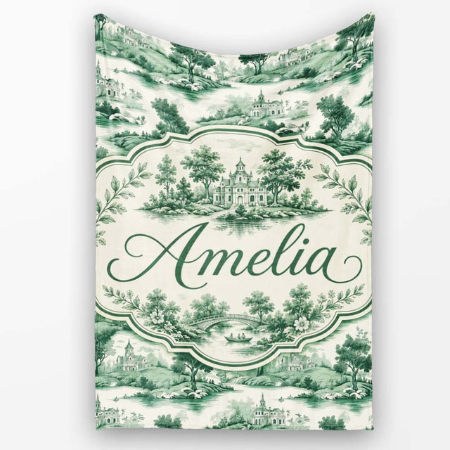 Soft Green Countryside River Village Scenic Toile Seamless Pattern  Personalised Custom Name Super Soft Fleece Blanket Bed Sofa Throw
