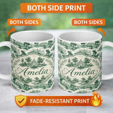 Personalized Custom Name Soft Green Countryside River Village Scenic Toile Seamless Pattern 11oz Ceramic Coffee Tea Mug White Large Handle