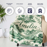 Soft Green Countryside River Village Scenic Toile Seamless Pattern  Personalised Custom Name Super Soft Fleece Blanket Bed Sofa Throw