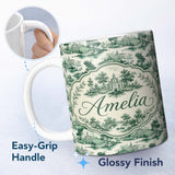 Personalized Custom Name Soft Green Countryside River Village Scenic Toile Seamless Pattern 11oz Ceramic Coffee Tea Mug White Large Handle