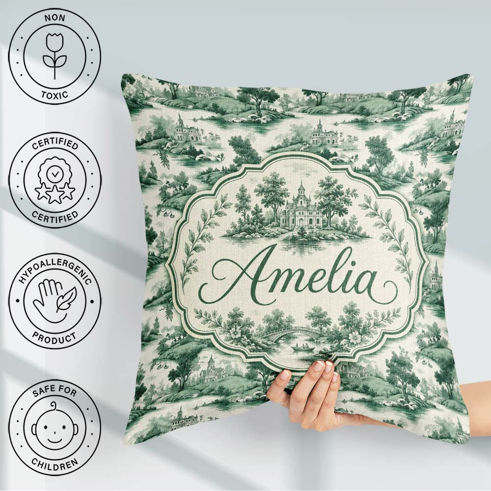 Custom Name Soft Green Countryside River Village Scenic Seamless Square Filled Cushion Throw Pillow Sofa Bed Home Decor Zip Washable UK Made