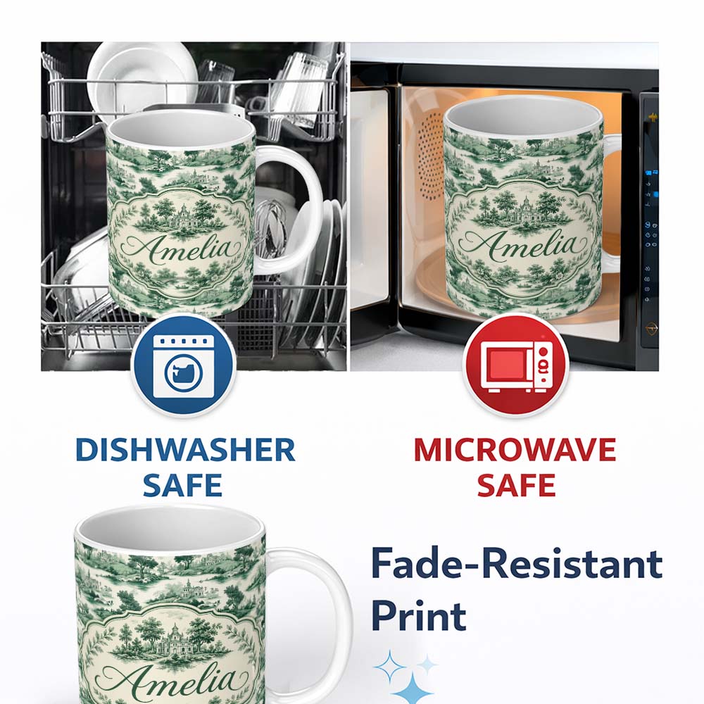 Personalized Custom Name Soft Green Countryside River Village Scenic Toile Seamless Pattern 11oz Ceramic Coffee Tea Mug White Large Handle