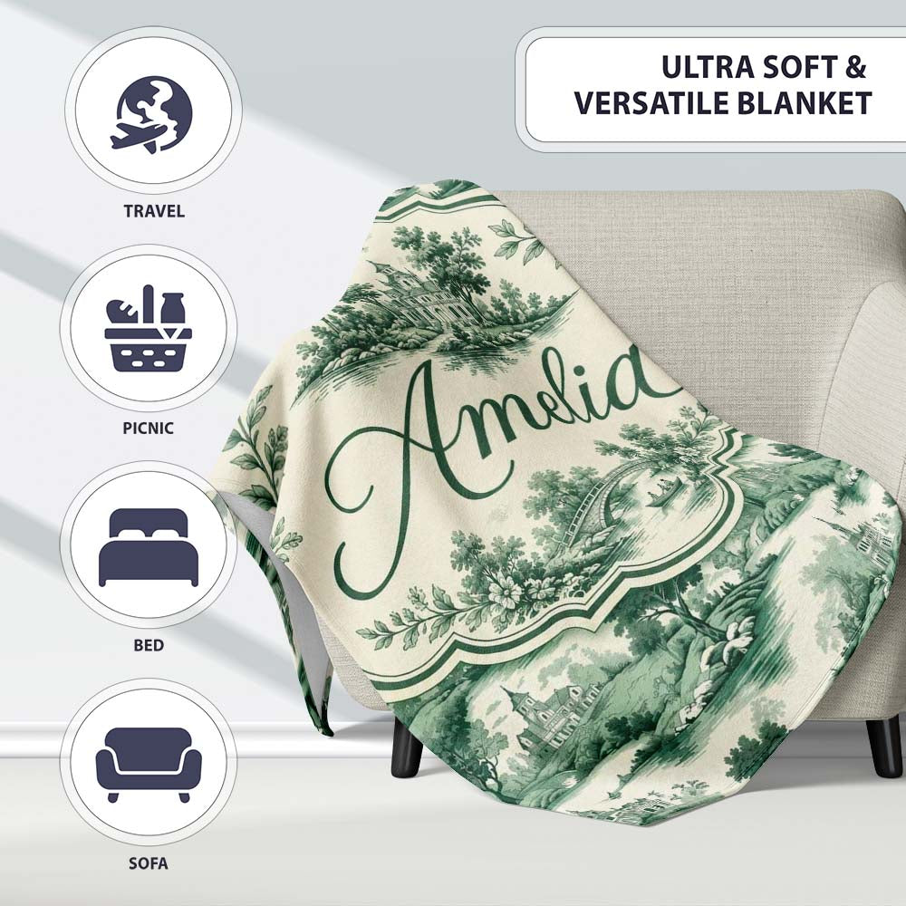 Soft Green Countryside River Village Scenic Toile Seamless Pattern  Personalised Custom Name Super Soft Fleece Blanket Bed Sofa Throw