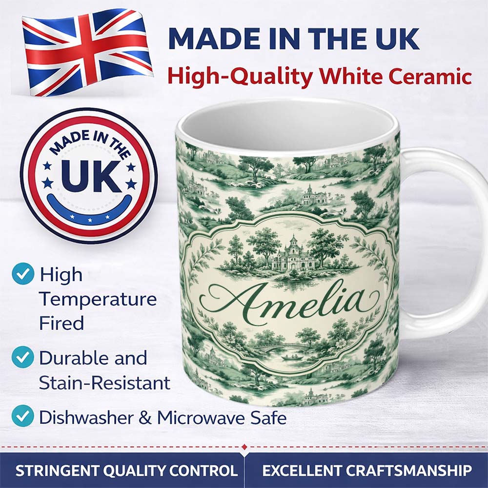 Personalized Custom Name Soft Green Countryside River Village Scenic Toile Seamless Pattern 11oz Ceramic Coffee Tea Mug White Large Handle