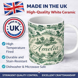 Personalized Custom Name Soft Green Countryside River Village Scenic Toile Seamless Pattern 11oz Ceramic Coffee Tea Mug White Large Handle