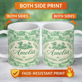 Personalized Custom Name Classic Green Garden Landscape with Villas Scenic Toile Seamless 11oz Ceramic Coffee Tea Mug White Large Handle
