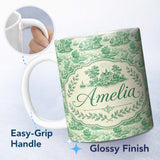 Personalized Custom Name Classic Green Garden Landscape with Villas Scenic Toile Seamless 11oz Ceramic Coffee Tea Mug White Large Handle