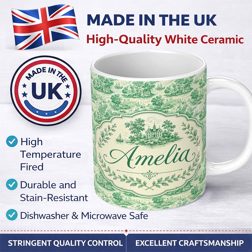 Personalized Custom Name Classic Green Garden Landscape with Villas Scenic Toile Seamless 11oz Ceramic Coffee Tea Mug White Large Handle
