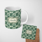 Personalized Custom Name Elegant Riverside Trees and Pagoda Scenic Toile Seamless Pattern 11oz Ceramic Coffee Tea Mug White Large Handle