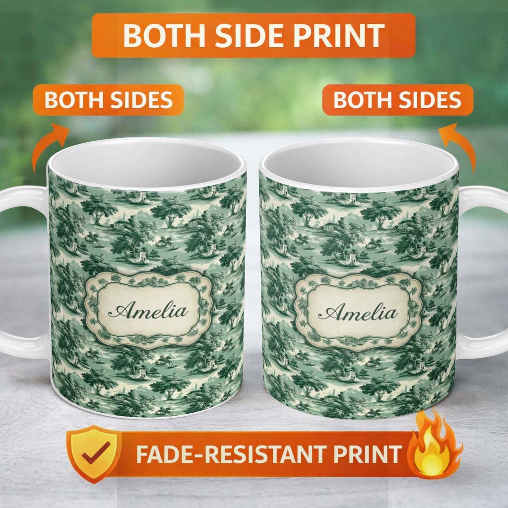 Personalized Custom Name Elegant Riverside Trees and Pagoda Scenic Toile Seamless Pattern 11oz Ceramic Coffee Tea Mug White Large Handle