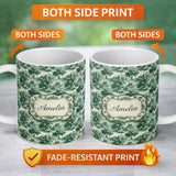 Personalized Custom Name Elegant Riverside Trees and Pagoda Scenic Toile Seamless Pattern 11oz Ceramic Coffee Tea Mug White Large Handle