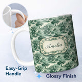 Personalized Custom Name Elegant Riverside Trees and Pagoda Scenic Toile Seamless Pattern 11oz Ceramic Coffee Tea Mug White Large Handle