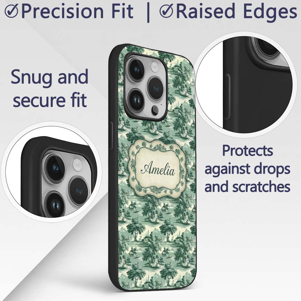 Elegant Riverside Trees and Pagoda Scenic Toile Custom Name Protective Phone Case Mobile Cover Durable Everyday Smartphone Shock Resistant