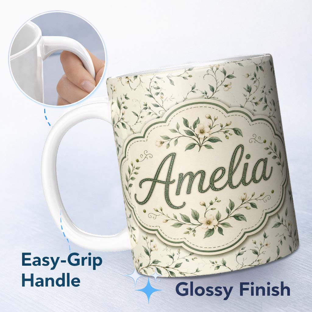 Personalized Custom Name Delicate Green Botanical Branches on Soft Cream Seamless Pattern 11oz Ceramic Coffee Tea Mug White Large Handle