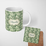 Personalized Custom Name Lush Botanical Forest Estate Scenic Toile Nature Seamless Pattern 11oz Ceramic Coffee Tea Mug White Large Handle