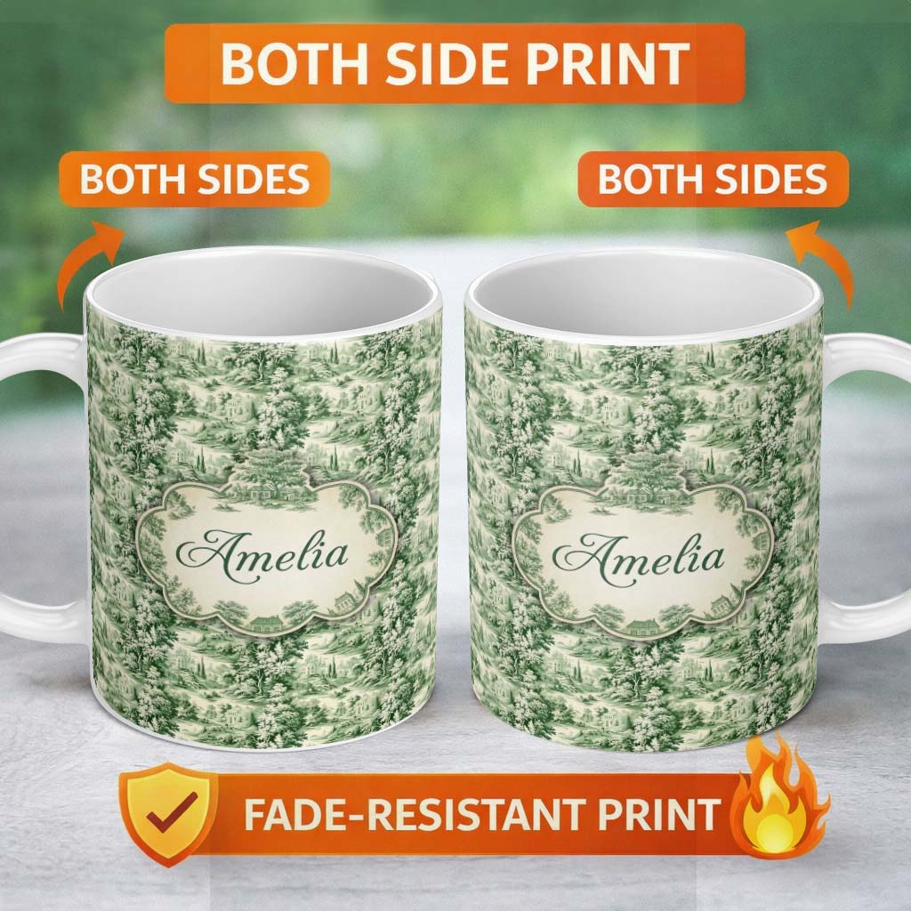 Personalized Custom Name Lush Botanical Forest Estate Scenic Toile Nature Seamless Pattern 11oz Ceramic Coffee Tea Mug White Large Handle
