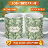Personalized Custom Name Lush Botanical Forest Estate Scenic Toile Nature Seamless Pattern 11oz Ceramic Coffee Tea Mug White Large Handle