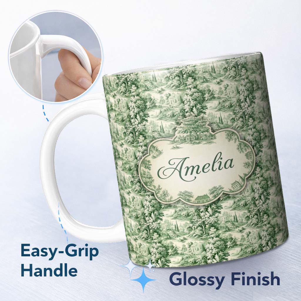 Personalized Custom Name Lush Botanical Forest Estate Scenic Toile Nature Seamless Pattern 11oz Ceramic Coffee Tea Mug White Large Handle