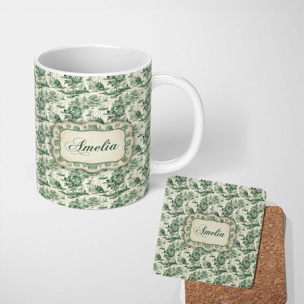 Personalized Custom Name Vintage Garden Statues and Floral Landscape Toile Seamless Pattern 11oz Ceramic Coffee Tea Mug White Large Handle