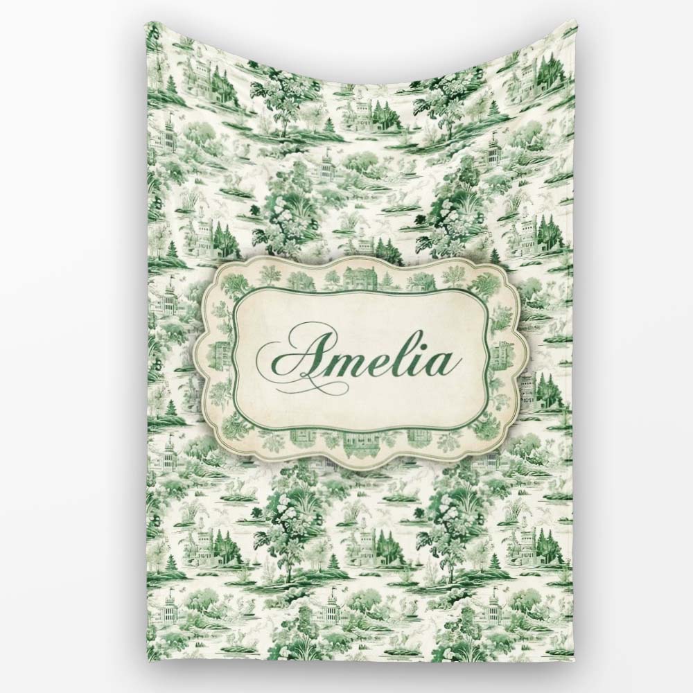 Vintage Garden Statues and Floral Landscape Toile Seamless Pattern  Personalised Custom Name Super Soft Fleece Blanket Bed Sofa Throw
