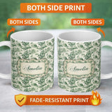 Personalized Custom Name Vintage Garden Statues and Floral Landscape Toile Seamless Pattern 11oz Ceramic Coffee Tea Mug White Large Handle