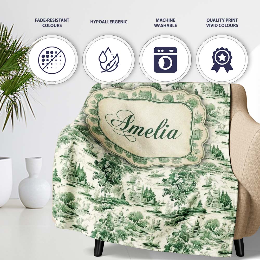 Vintage Garden Statues and Floral Landscape Toile Seamless Pattern  Personalised Custom Name Super Soft Fleece Blanket Bed Sofa Throw