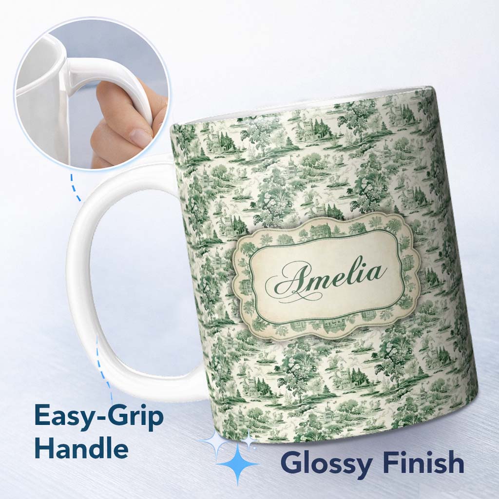Personalized Custom Name Vintage Garden Statues and Floral Landscape Toile Seamless Pattern 11oz Ceramic Coffee Tea Mug White Large Handle